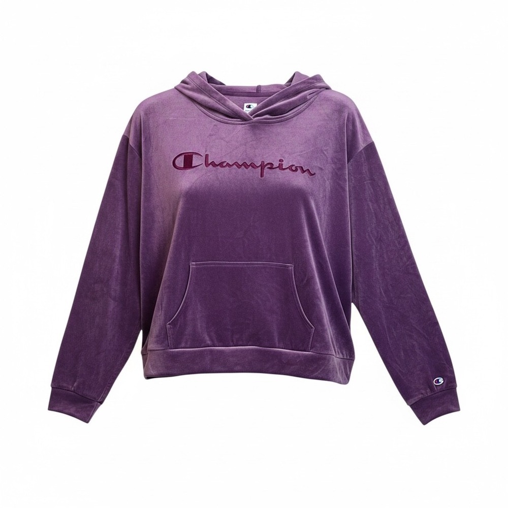 Champion Womens Purple Velour Pullover Hoodie Embroidered Logo Size XL